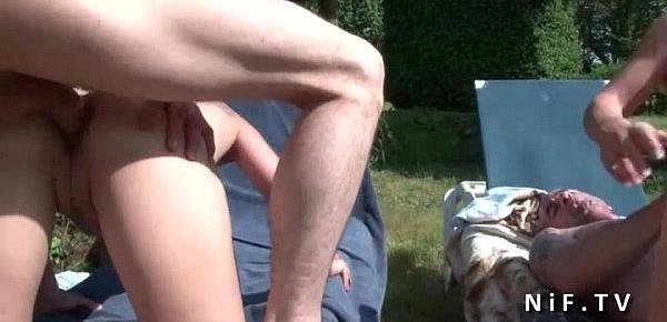  Amateur old french couple analyzing an other younger couple outdoor